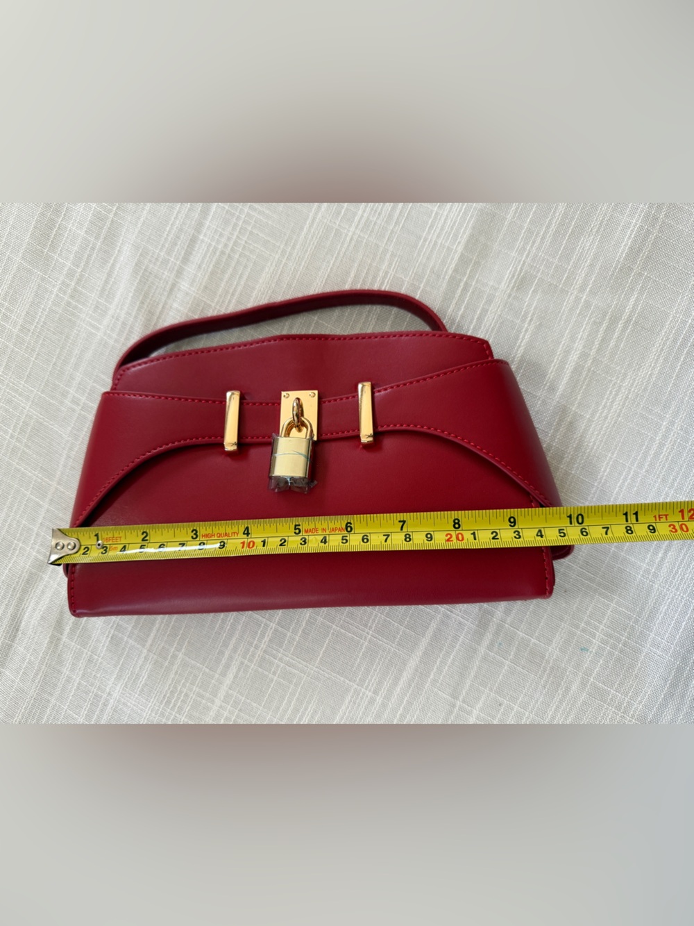 Red Top-Handle Satchel with Gold Lock Detail - Picture 7 of 11